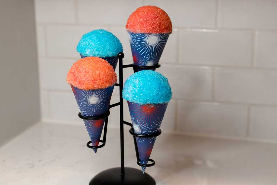 blue and red faux snow cones in red, white, and blue cones